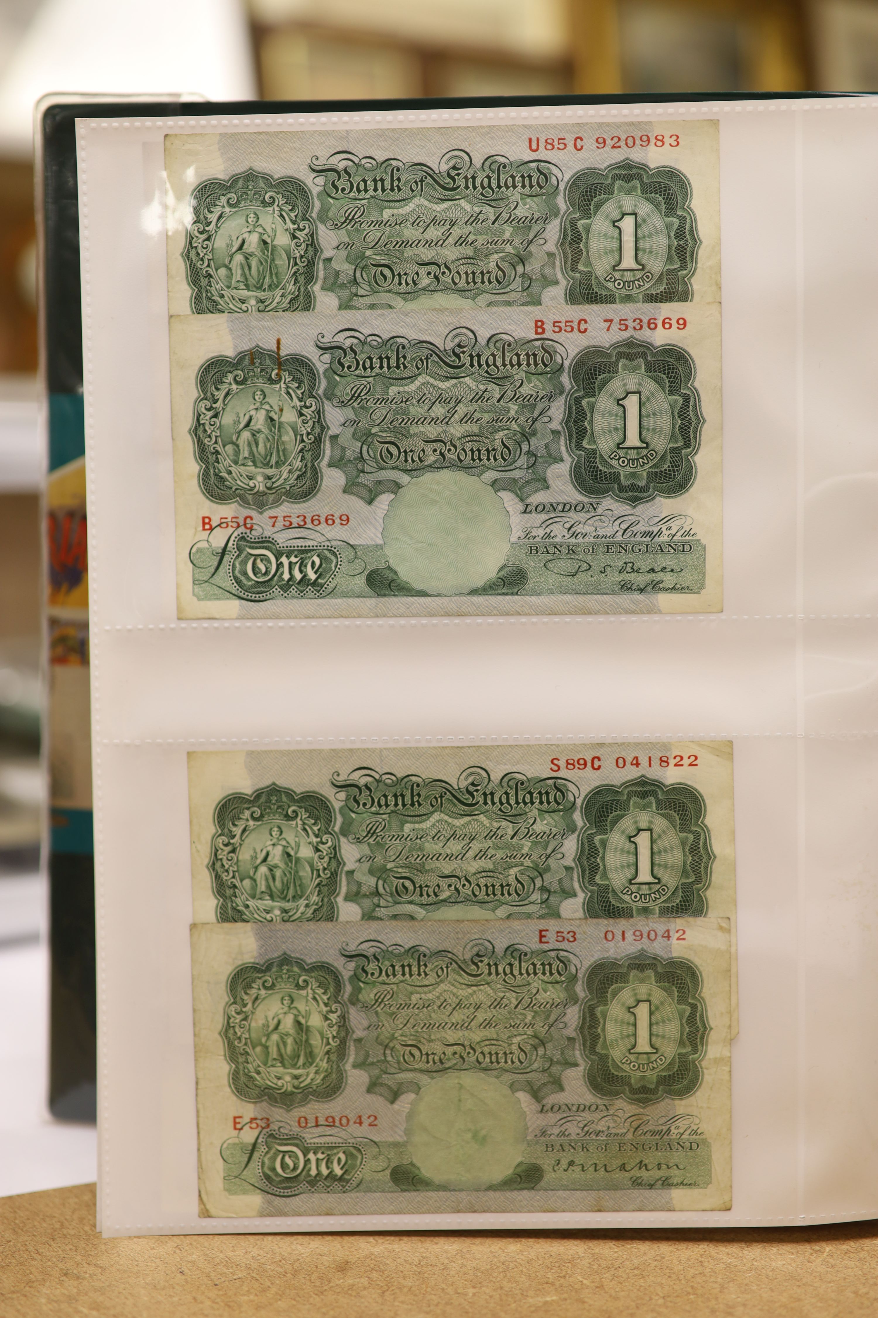 A collection of Bank of England and Scottish banknotes to include: 21 QEII 10 shillings, 14 O'Brien and Beale 10 shillings, 1 Peppiatt 10 shillings, 4 Hallam one pound notes, 18 O'Brien or Beale one pound notes, 8 Peppia